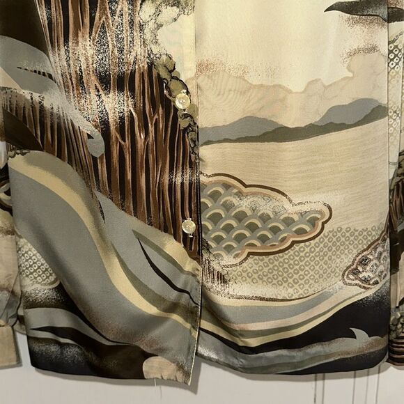 Vintage 70s Asian Inspired Stylized Cream, Tan & Brown Blouse that Ties at Neck - Picture 3 of 7